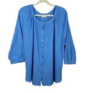 D&Co Women's Size 2X Crinkle Button Up Blouse 3 4 Sleeve Light Blue
